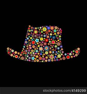 Vector illustration of hat shape made up a lot of multicolored small flowers on the black background