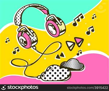 Vector illustration of headphone with clouds on colorful background. Hand draw line art design for web, site, advertising, banner, poster, board and print.