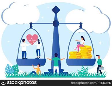 Vector illustration of health and work balance concept. People balance work, money and sleep. Comparison of business stress and healthy living. Measuring the equality of health and work.