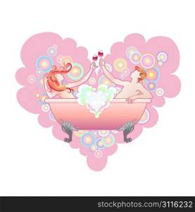 Vector illustration of heart shape with Two enamoured in a bathroom