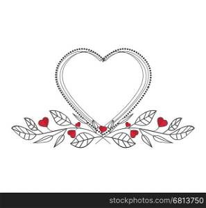 Vector illustration of hearts, romantic decoration branches with leaves