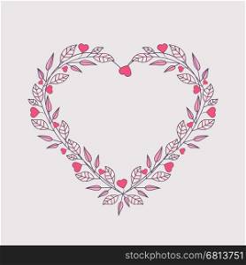 Vector illustration of hearts, romantic decoration branches with leaves