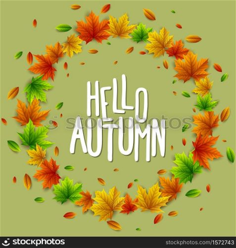 Vector illustration of Hello autumn wreath of colorful leaves