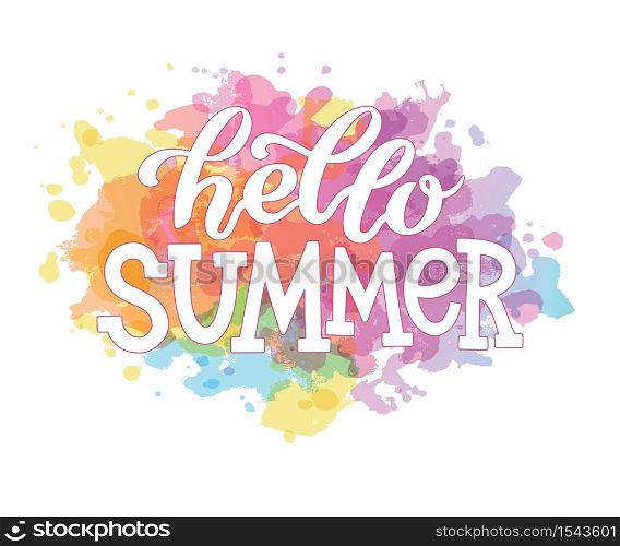Vector illustration of hello summer text for stickers, cards, for any type of artworks, summer banner and poster. Hand drawn calligraphy, lettering, typography for summer event.
