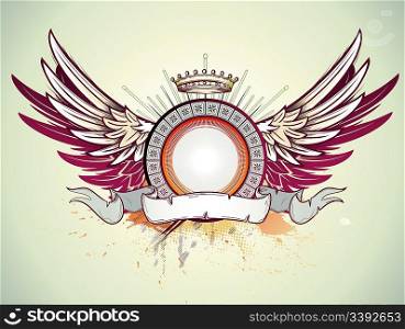 Vector illustration of heraldic frame or badge with crown, wings and banner. Blank so you can add your own images.