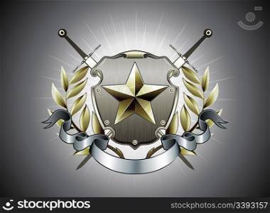 Vector illustration of heraldic shield or badge with star shape, laurel wreath, banner and two swords