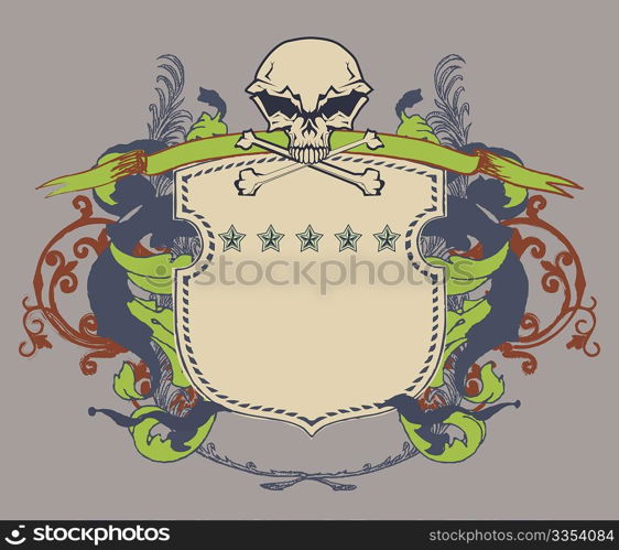 Vector illustration of heraldic shield or badge with stylized human skull and snakes, blank so you can add your own images