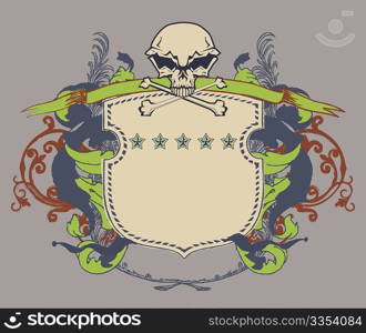 Vector illustration of heraldic shield or badge with stylized human skull and snakes, blank so you can add your own images