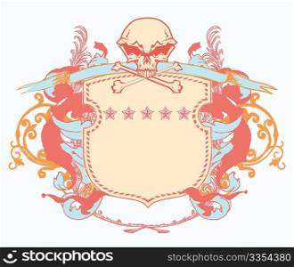 Vector illustration of heraldic shield or badge with stylized human skull and snakes, blank so you can add your own images
