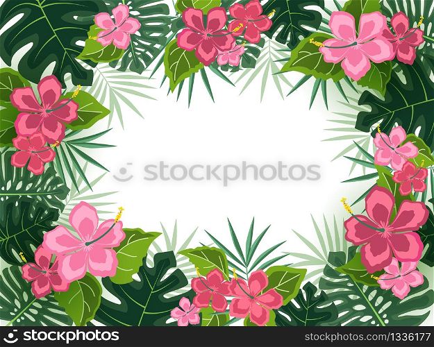 Vector illustration of hibiscus flower. Background with tropical flowers and palm leaves