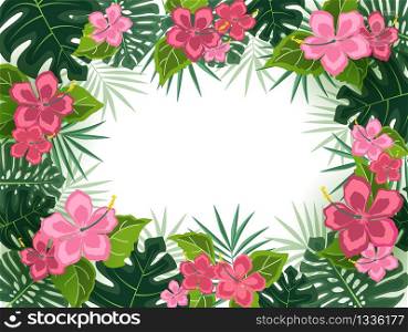 Vector illustration of hibiscus flower. Background with tropical flowers and palm leaves