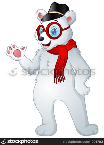 Vector illustration of Hipster polar bear in scarf with cap and glasses