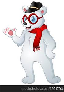 Vector illustration of Hipster polar bear in scarf with cap and glasses