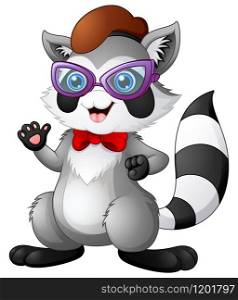Vector illustration of Hipster raccoon wearing bow tie and glasses