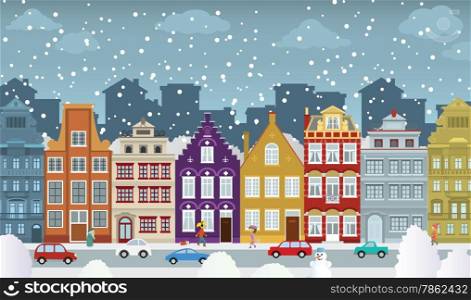 Vector illustration of historical town in winter