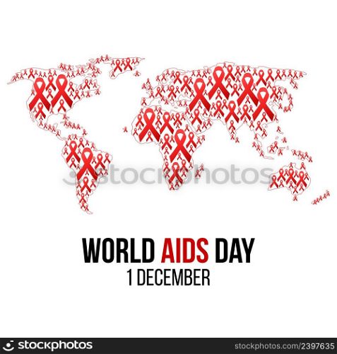 Vector illustration of hiv,aids aware≠ss background isolated on white. World Aids Day concept. 1 December. Red ribbons on the map of world emb≤m.. Vector illustration of hiv,aids aware≠ss.