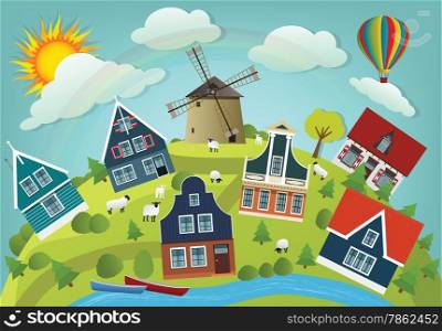 Vector illustration of holland countryside (classic houses in the nature)