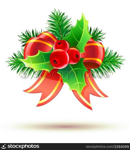 Vector illustration of holly leaves and berries with red bow