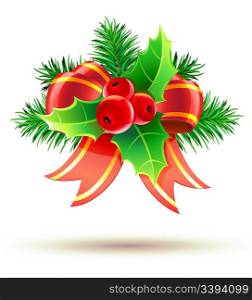 Vector illustration of holly leaves and berries with red bow