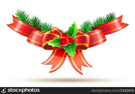 Vector illustration of holly leaves and berries with red bow and ribbons