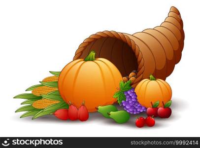 Vector illustration of Horn of plenty cornucopia with fruits and pumpkins