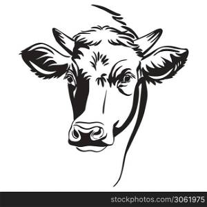 Vector illustration of horned bull head icon in black color isolated on white background. Engraving element image of cow. Design template for poster, t shirt, emblem, logo, sign.. Vector abstract portrait of bull in vector