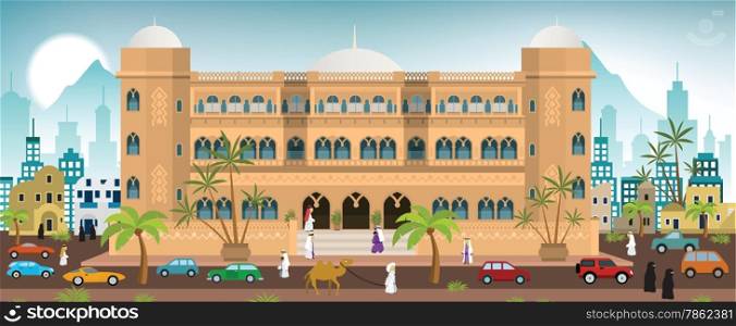 Vector illustration of hotel in the oriental city