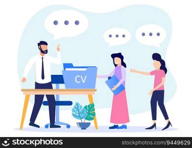 Vector illustration of HR employee orientation with introduction and integration. Job description and remarks on the first day of the new work process. Presentation of work and learning assignments.