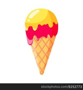 Vector illustration of ice cream in a waffle cone. Icecream in pink and yellow colors isolated on white background idea for a poster, postcard, t-shirt.. Ice cream in a waffle cone. Icecream in pink and yellow colors isolated on white background idea for a poster, postcard, t-shirt.