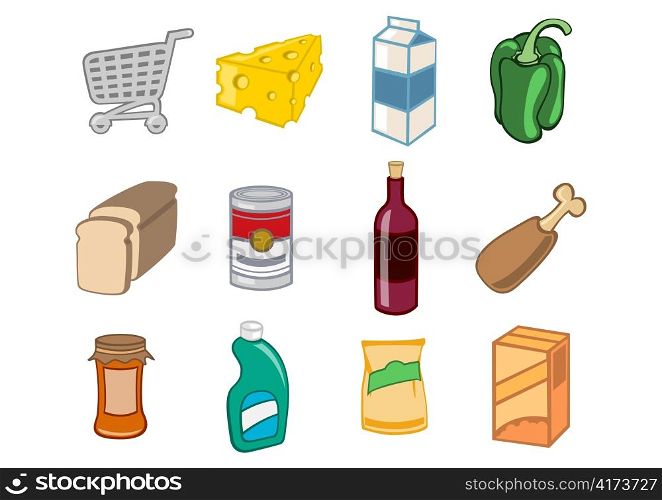 Vector illustration of icon set or design elements relating to supermarket. Food, drink and other items.