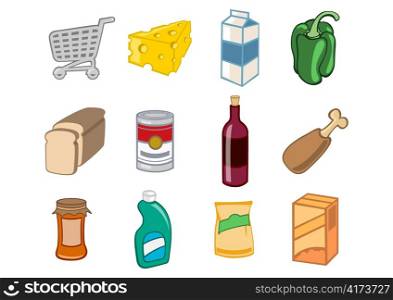 Vector illustration of icon set or design elements relating to supermarket. Food, drink and other items.