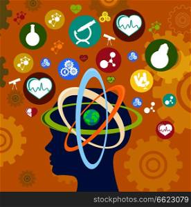 Vector illustration of icons depicting achievements in science and technology above head which denotes human intelligence. Set of Icons Depicting Human Inventions