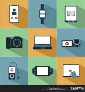 Vector illustration of icons of different electronic devices on a colored background: mobile, watches, tablet, camera, laptop, youtube, ipod, psp, ebook. Vector illustration of icons of different electronic devices