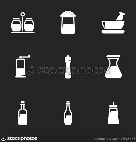 Vector illustration of icons on a theme of spices and sauce. Black background
