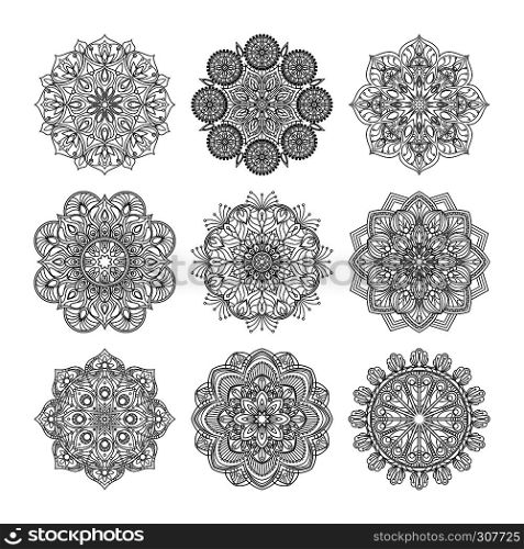 Vector illustration of indian mandalas. Old asian and arabic round texture isolate on white background. Mandala collection black and white. Vector illustration of indian mandalas. Old asian and arabic round texture isolate on white background