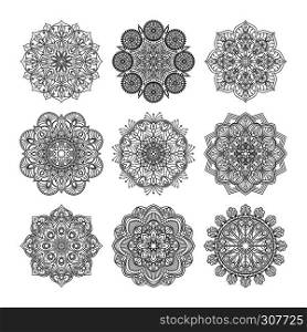 Vector illustration of indian mandalas. Old asian and arabic round texture isolate on white background. Mandala collection black and white. Vector illustration of indian mandalas. Old asian and arabic round texture isolate on white background
