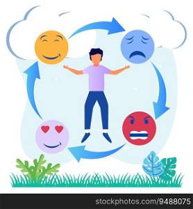 Vector illustration of inner voice reflecting different emotions and feelings. Thinking about various problems of mental frustration and psychological thinking.