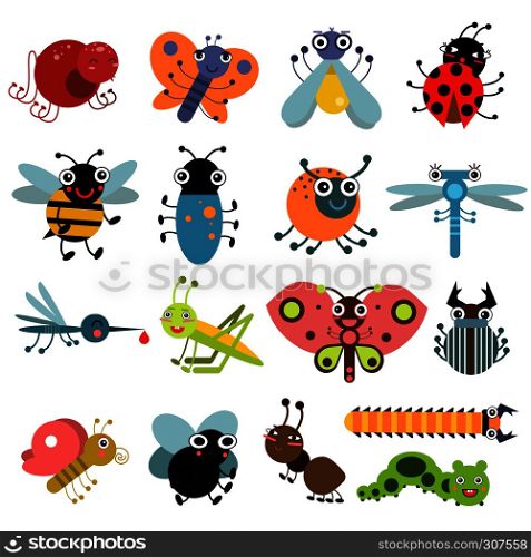 Vector illustration of insects and bugs. Characters set of insects bee and ladybug. Vector illustration of insects and bugs. Characters set