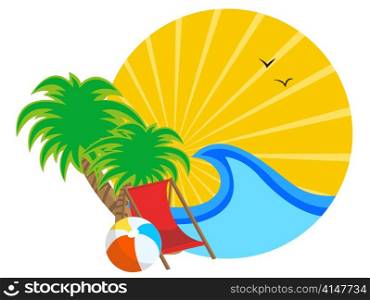 Vector illustration of insignia with Sunrise on the tropical ocean coast