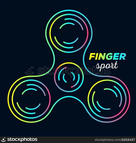 Vector illustration of iridescent color fidget spinner. Creative concept of toy for stress relief annealing with text on black background. Thin line art design of hand spinner for web, site, banner, game presentation