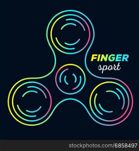 Vector illustration of iridescent color fidget spinner. Creative concept of toy for stress relief annealing with text on black background. Thin line art design of hand spinner for web, site, banner, game presentation