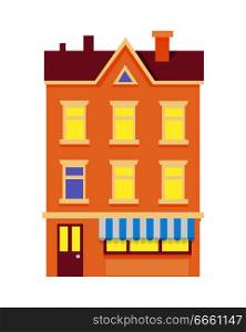 Vector illustration of isolated cartoon house with three floors on white background. Colourful xmas building with dark red roof and chimneys, some yellow lighted windows. Architecture in city.. Isolated Xmas Colourful Building with Chimneys