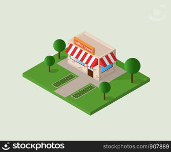 vector illustration of isometric building coffee shop isolated on white background