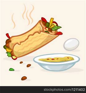 Vector illustration of Israel street falafel roll, plate with hummus and egg. Street food icons