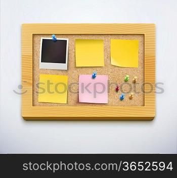 Vector illustration of items pinned to a cork bulletin board with wood frame, ready for your customized text or images.