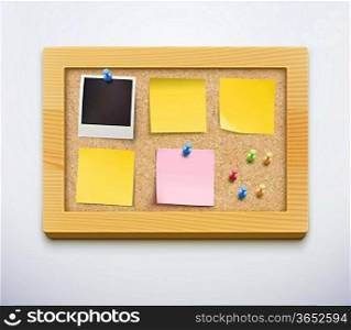 Vector illustration of items pinned to a cork bulletin board with wood frame, ready for your customized text or images.