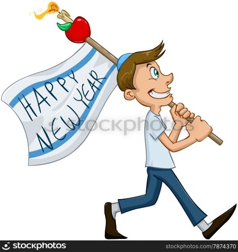 Vector illustration of jewish guy holds happy new year flag for rosh hashana&#xA;