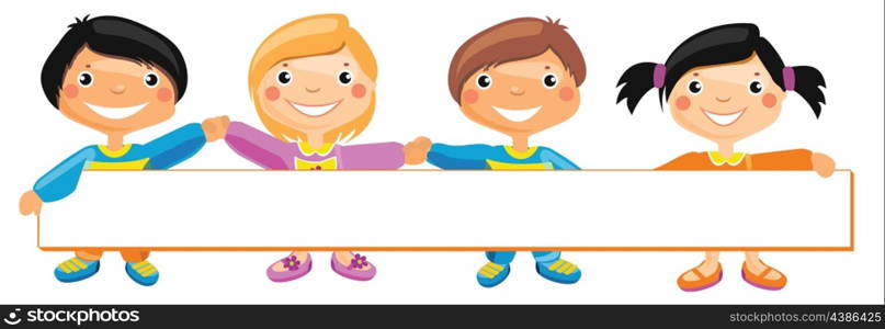 vector illustration of kids standing behind placard