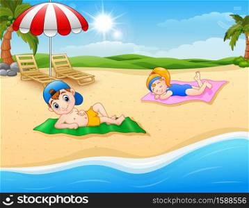 Vector illustration of Kids sunbathing on the beach mat