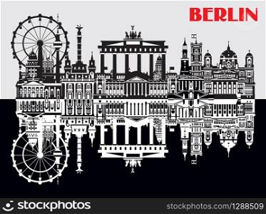 Vector illustration of landmarks of Berlin, Germany. Monochrome isolated illustration. Berlin travel concept. Horizontal illustration of landmarks of Berlin with reflection in water. Stock illustration